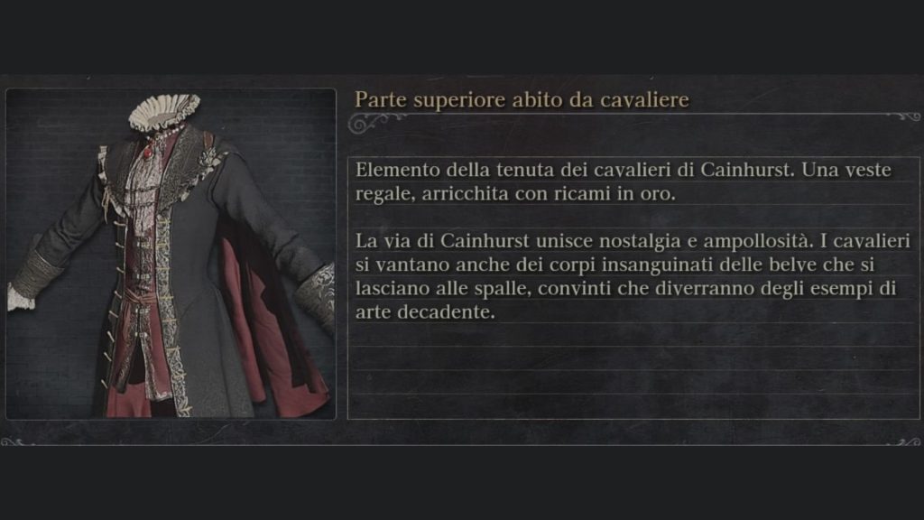 La descrizione dell'abito da Cavaliere di Cainhurst