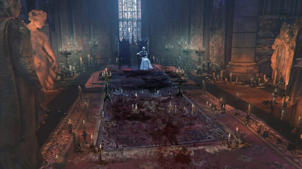 Annalise la Regina dei Vilesangue, seduta nella sala del Trono (Fonte: Bloodborne Official Artwork)
